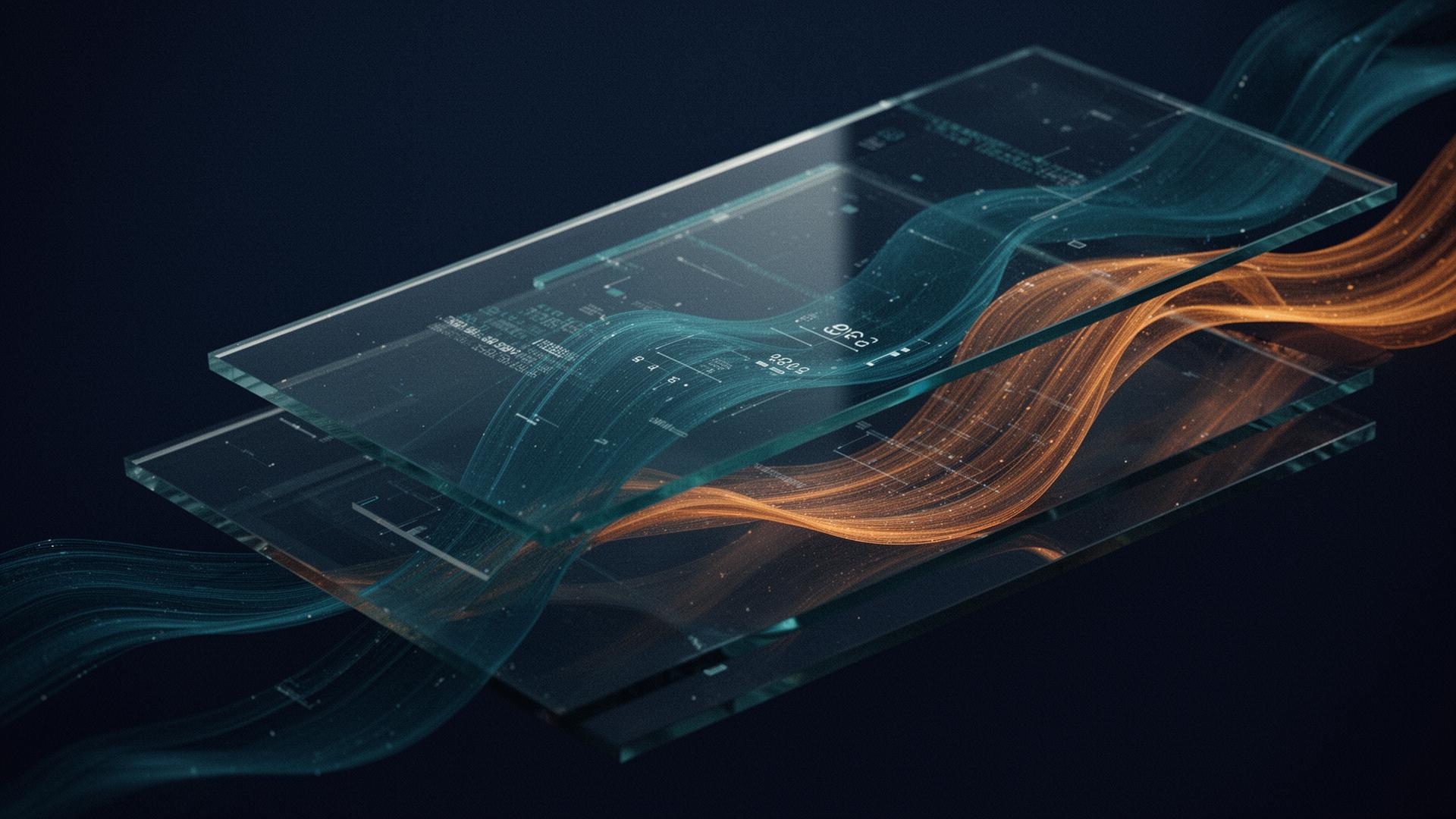 Layered glass panels with flowing teal and amber data ribbons