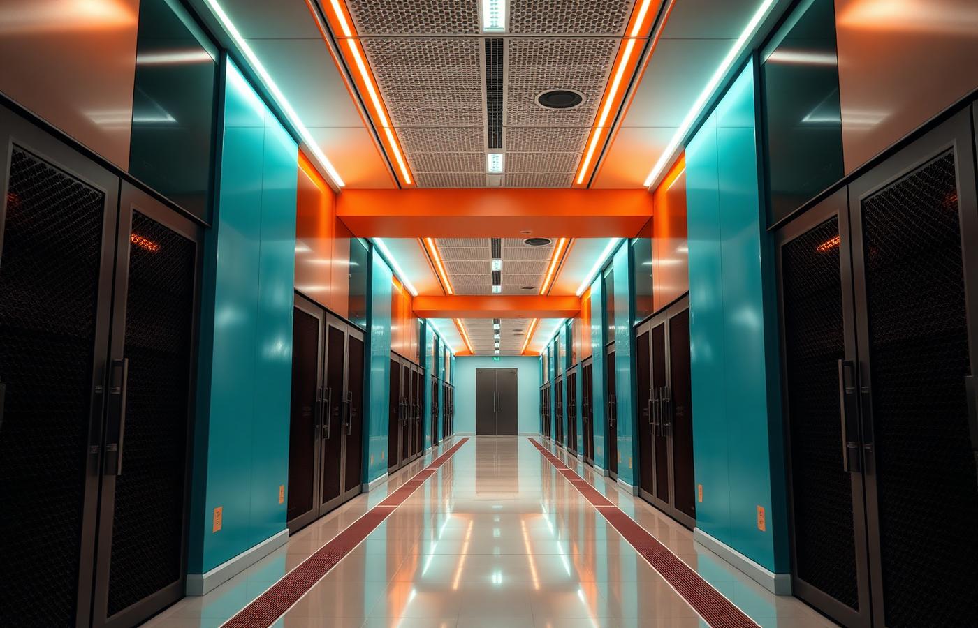 Data centre corridor with teal and amber accent lighting