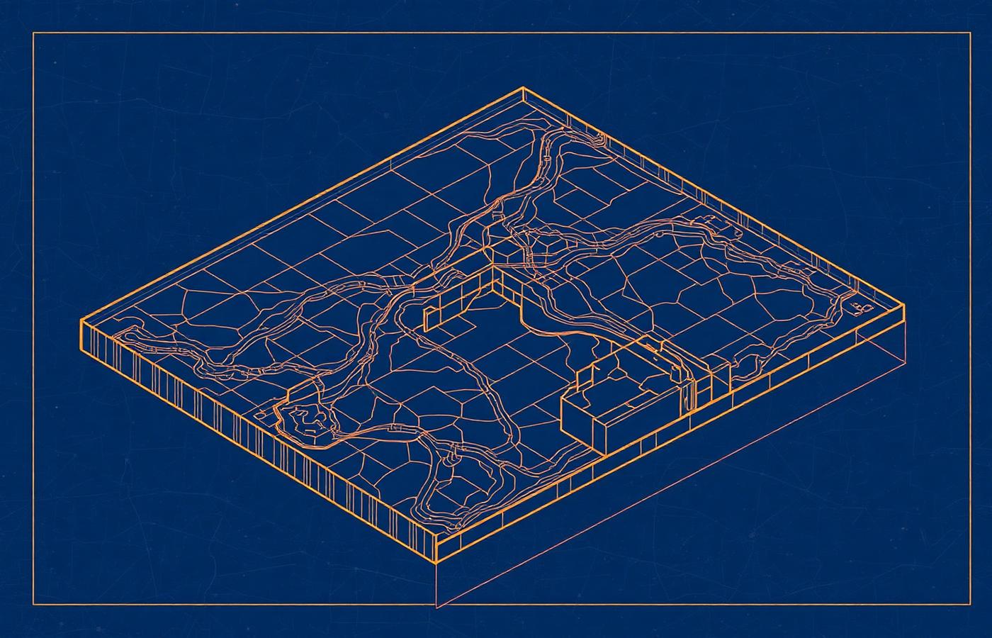 Isometric blueprint schematic on deep navy paper