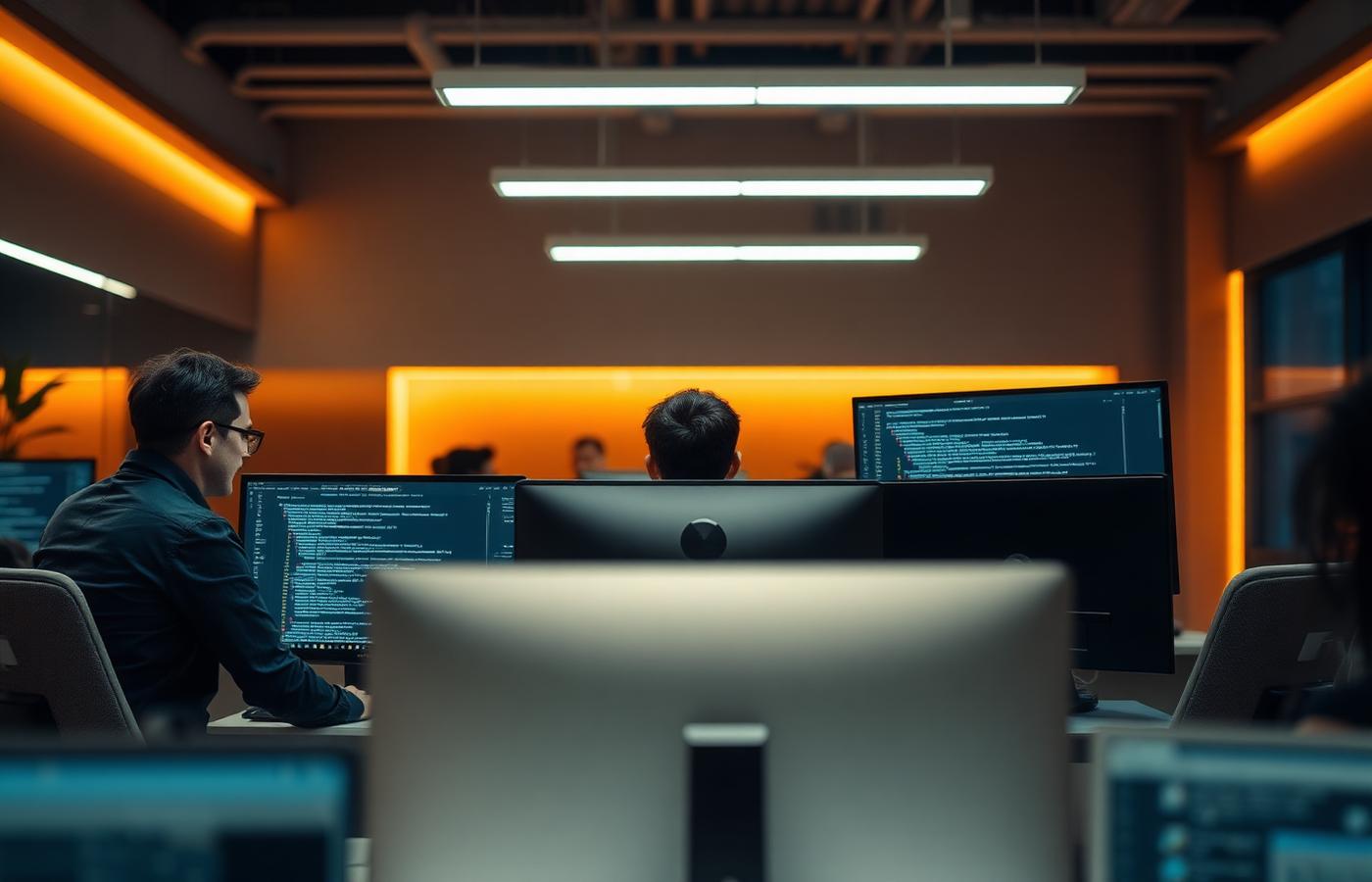 Engineers collaborating in a studio with amber lighting