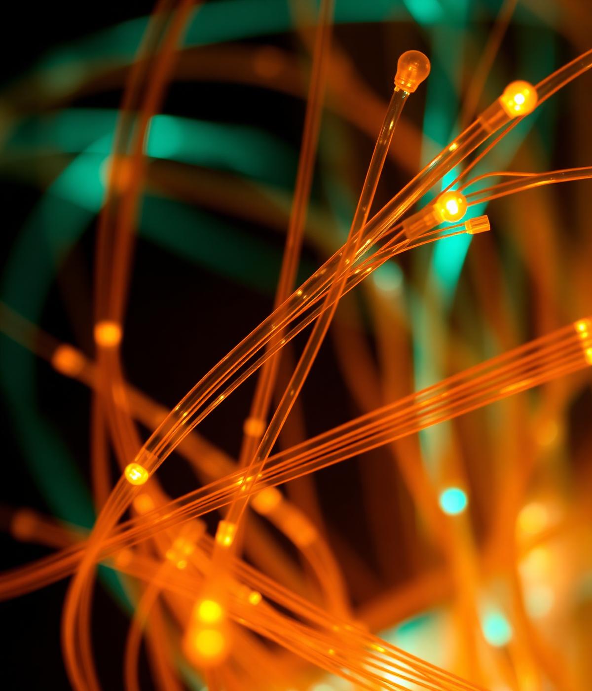 Macro of glowing fiber optic strands